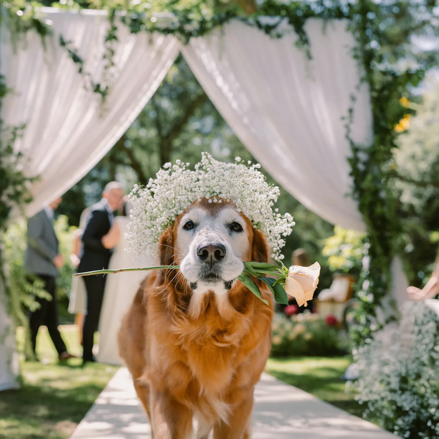 A dog walking down the wedding aisle
